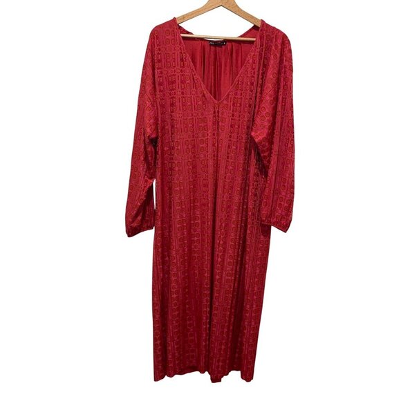 Zara Red Long Sleeve V-Neck 70's Retro Print midi Dress Women's Size M - Picture 1 of 9